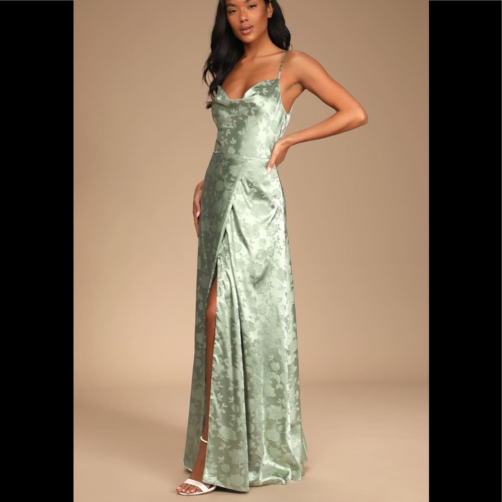 Lulu’s Sage Green Satin Floral Jacquard Maxi Dress